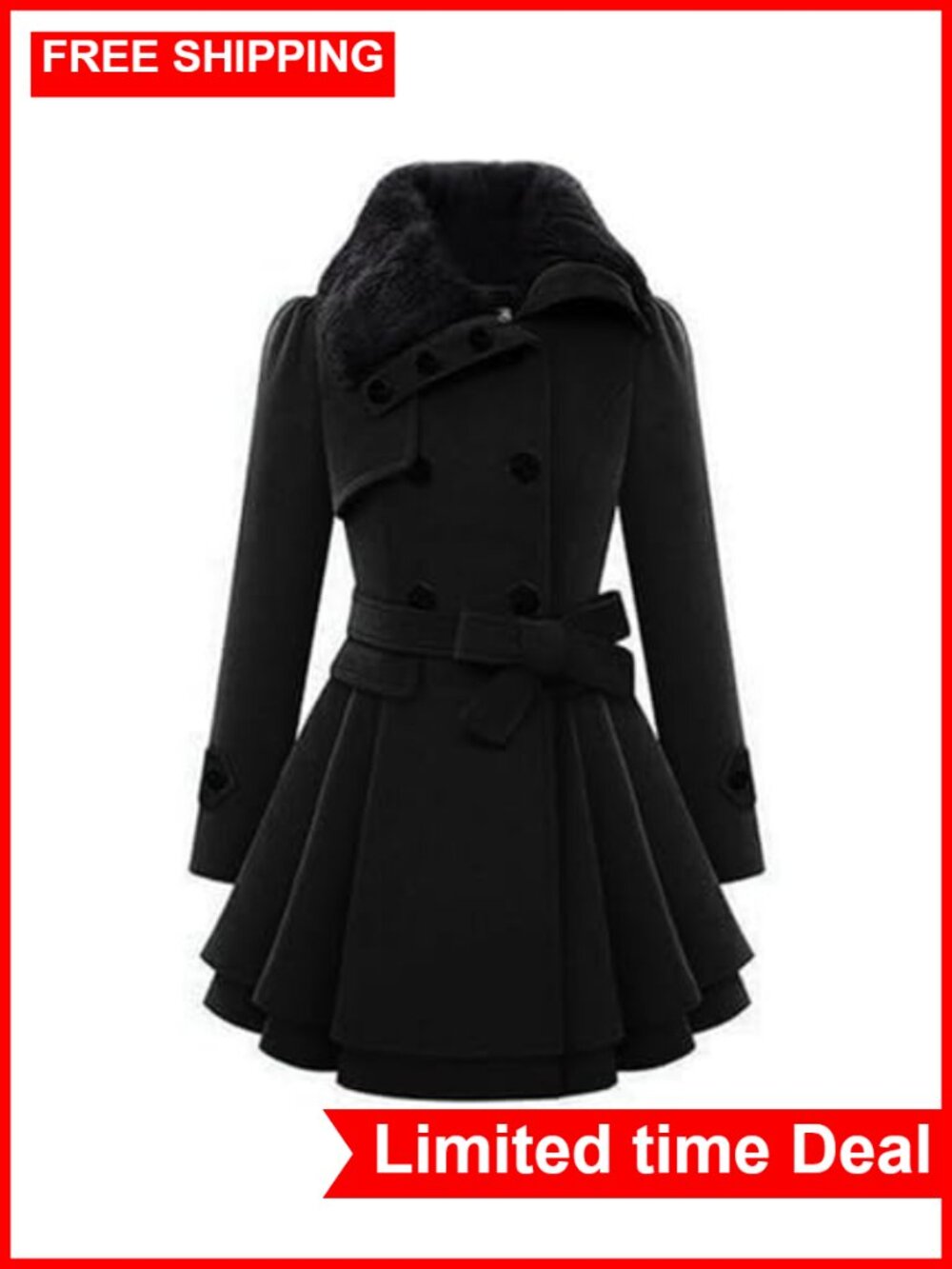 Faux Fur Collar Double Breasted Belted Trench Coat A-Line Flare Dress Jacket